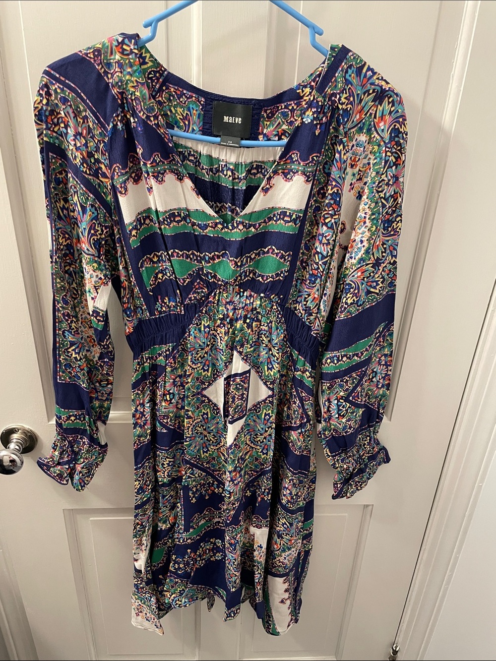 Anthropologie- Maeve Navy & Green Printed V-Neck Dress